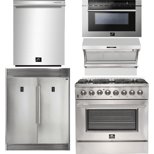 Forno 36" Dual Fuel Range + Wall Mount Range Hood + Refrigerator + Microwave Drawer + Dishwasher Appliance Package