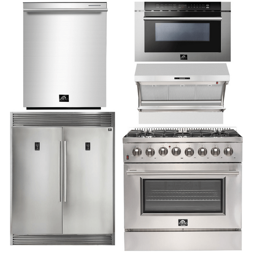 Forno Kitchen Appliance Packages Forno 36" Dual Fuel Range + Wall Mount Range Hood + Refrigerator + Microwave Drawer + Dishwasher Appliance Package