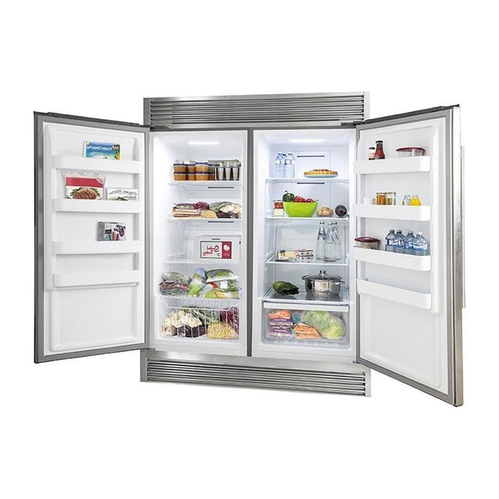 Forno 36" Gas Range, 56" Pro-Style Refrigerator and Stainless Steel Wall Mount Hood with Backsplash Appliance Package