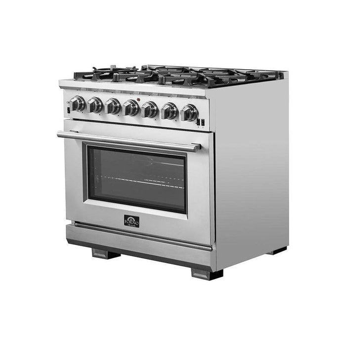 Forno Kitchen Appliance Packages Forno 36" Gas Range, 56" Pro-Style Refrigerator and Stainless Steel Wall Mount Hood with Backsplash Appliance Package