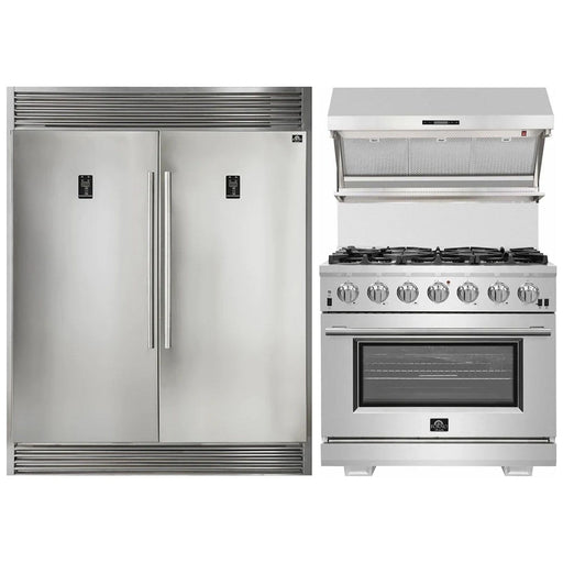 Forno Kitchen Appliance Packages Forno 36" Gas Range, 56" Pro-Style Refrigerator and Stainless Steel Wall Mount Hood with Backsplash Appliance Package