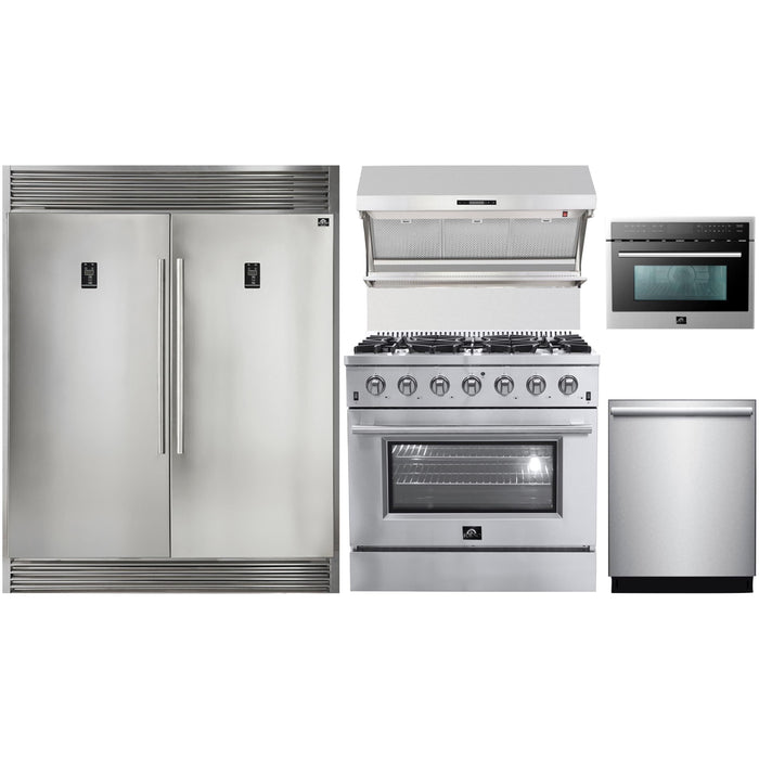 Forno Kitchen Appliance Packages Forno 36" Gas Range, 56" Pro-Style Refrigerator, Wall Mount Hood with Backsplash, Microwave Oven and Stainless Steel 3-Rack Dishwasher Appliance Package