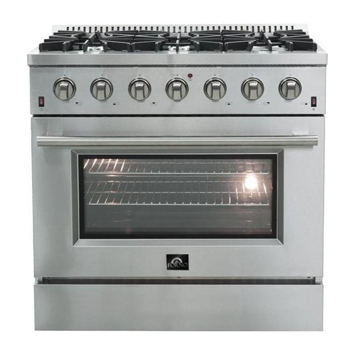 Forno 36" Gas Range, Refrigerator with Water Dispenser, Microwave Drawer and Stainless Steel 3-Rack Dishwasher Appliance Package