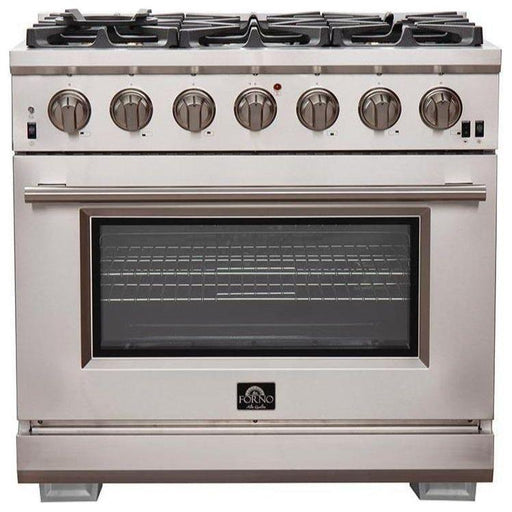 Forno 36" Gas Range, Refrigerator with Water Dispenser, Microwave Drawer and Stainless Steel 3-Rack Dishwasher Pro Appliance Package