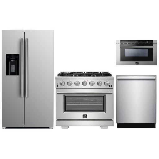 Forno Kitchen Appliance Packages Forno 36" Gas Range, Refrigerator with Water Dispenser, Microwave Drawer and Stainless Steel 3-Rack Dishwasher Pro Appliance Package