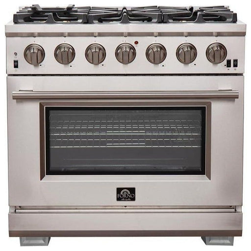 Forno Kitchen Appliance Packages Forno 36" Gas Range, Refrigerator with Water Dispenser, Microwave Drawer and Stainless Steel 3-Rack Dishwasher Pro Appliance Package