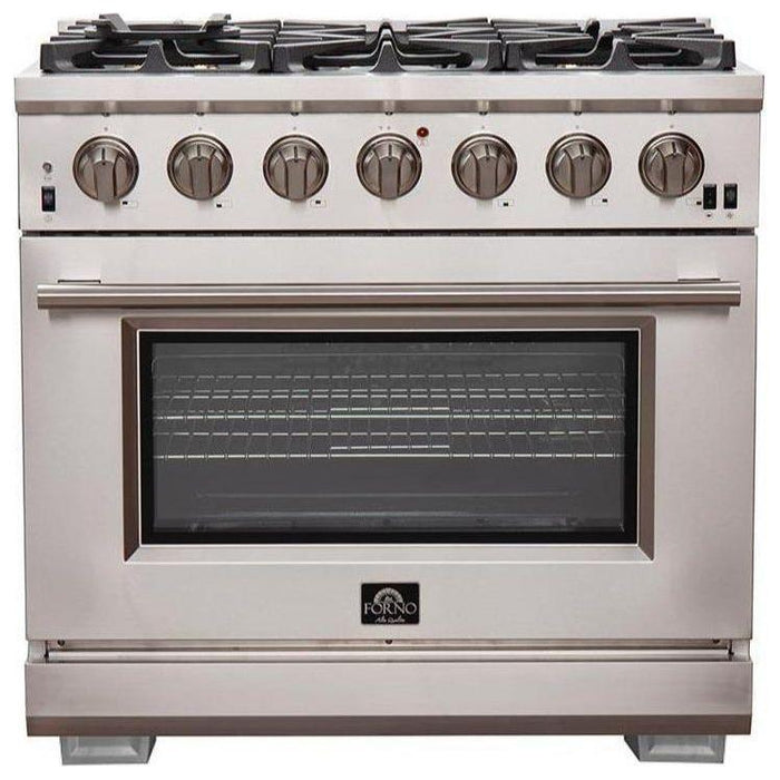 Forno Kitchen Appliance Packages Forno 36" Gas Range, Refrigerator with Water Dispenser, Microwave Drawer and Stainless Steel 3-Rack Dishwasher Pro Appliance Package