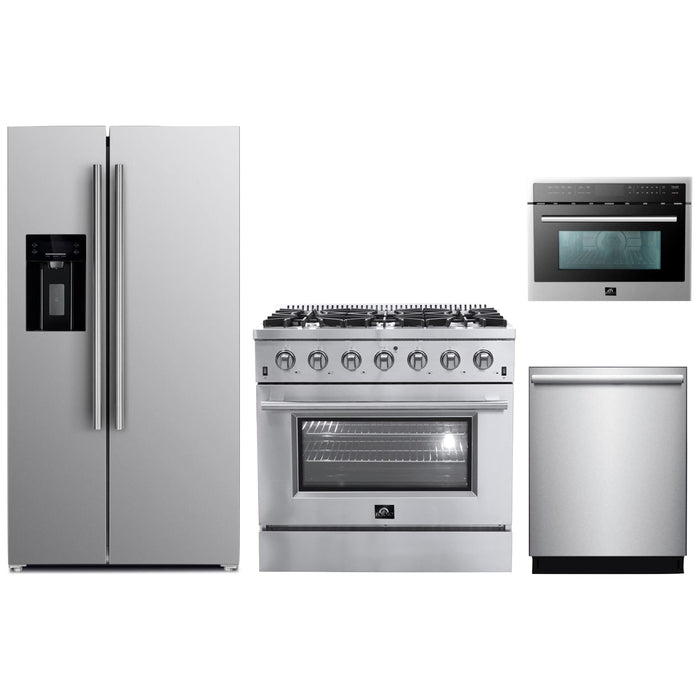 Forno 36" Gas Range, Refrigerator with Water Dispenser, Microwave Oven and Stainless Steel 3-Rack Dishwasher Appliance Package