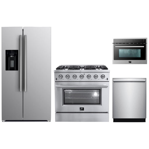 Forno Kitchen Appliance Packages Forno 36" Gas Range, Refrigerator with Water Dispenser, Microwave Oven and Stainless Steel 3-Rack Dishwasher Appliance Package