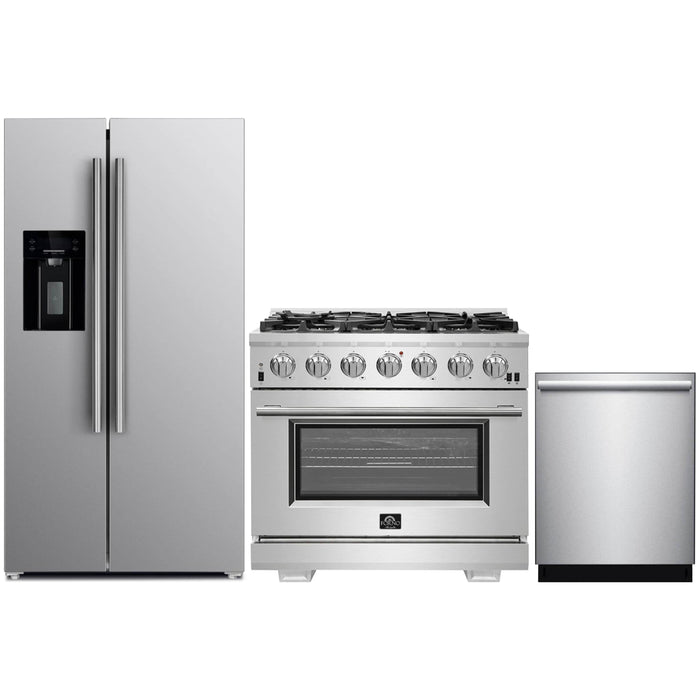 Forno Kitchen Appliance Packages Forno 36" Gas Range, Refrigerator with Water Dispenser & Stainless Steel Dishwasher Pro Appliance Package