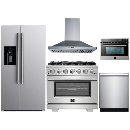 Forno Kitchen Appliance Packages Forno 36" Gas Range, Refrigerator with Water Dispenser, Wall Mount Hood, Microwave Drawer and Stainless Steel 3-Rack Dishwasher Pro Appliance Package