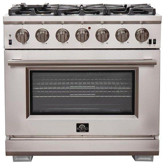 Forno Kitchen Appliance Packages Forno 36" Gas Range, Refrigerator with Water Dispenser, Wall Mount Hood with Backsplash and Stainless Steel 3-Rack Dishwasher Pro Appliance Package