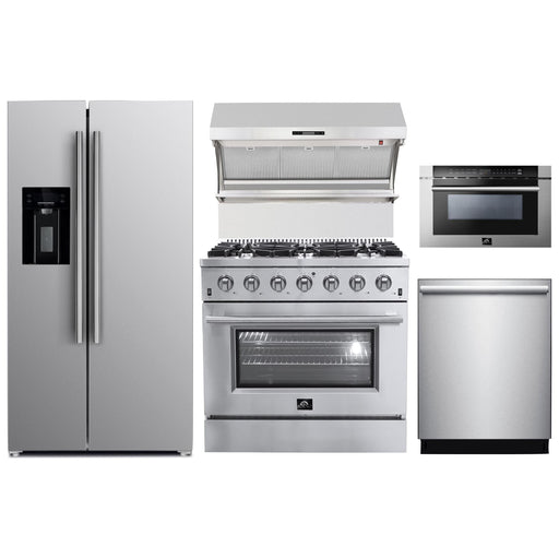 Forno 36" Gas Range, Refrigerator with Water Dispenser, Wall Mount Hood with Backsplash, Microwave Drawer and Stainless Steel 3-Rack Dishwasher Appliance Package