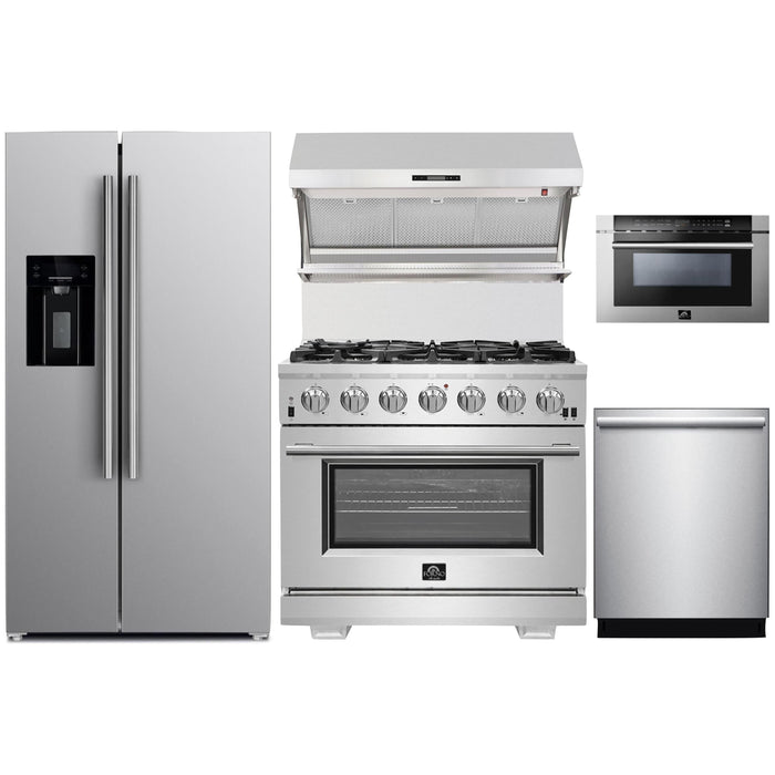 Forno 36" Gas Range, Refrigerator with Water Dispenser, Wall Mount Hood with Backsplash, Microwave Drawer and Stainless Steel 3-Rack Dishwasher Pro Appliance Package