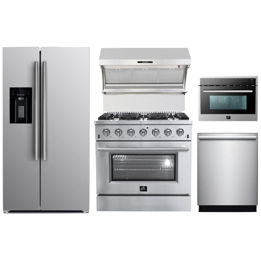 Forno 36" Gas Range, Refrigerator with Water Dispenser, Wall Mount Hood with Backsplash, Microwave Oven and Stainless Steel 3-Rack Dishwasher Appliance Package