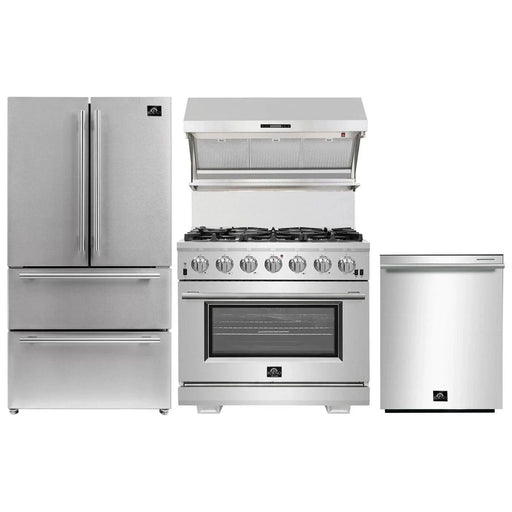 Forno 36" Gas Range, Wall Mount Hood with Backsplash, 36" French Door Refrigerator and Stainless Steel Dishwasher Pro Appliance Package