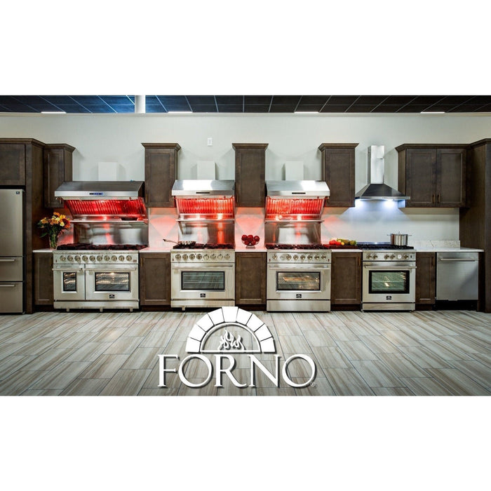 Forno Kitchen Appliance Packages Forno 36" Gas Range, Wall Mount Hood with Backsplash, 36" French Door Refrigerator and Stainless Steel Dishwasher Pro Appliance Package