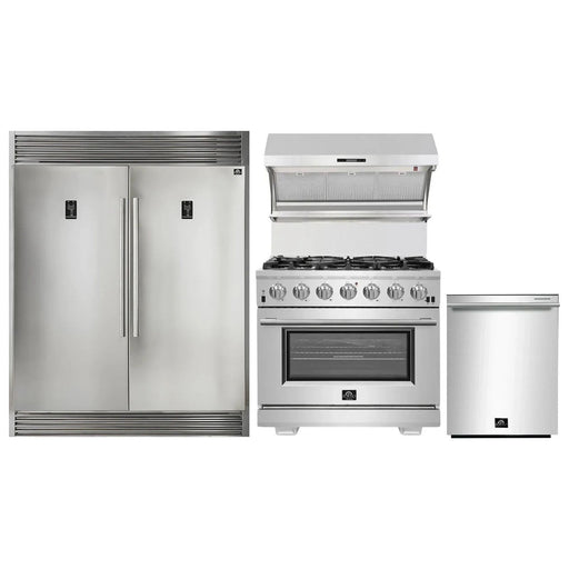 Forno Kitchen Appliance Packages Forno 36" Gas Range, Wall Mount Hood with Backsplash, 56" Pro-Style Refrigerator and Stainless Steel Dishwasher Pro Appliance Package