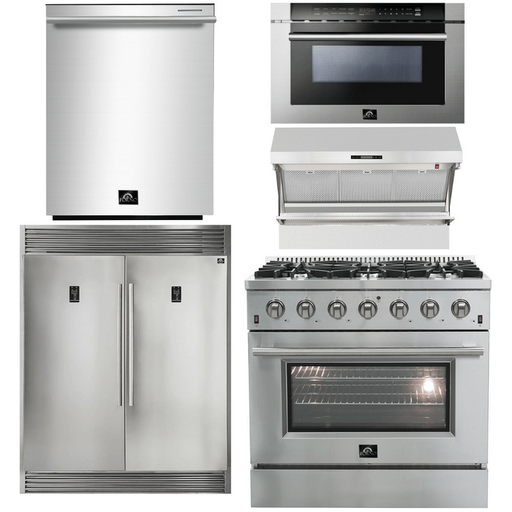 Forno Kitchen Appliance Packages Forno 36" Gas Range + Wall Mount Range Hood + Refrigerator + Microwave Drawer + Built-In Dishwasher Appliance Package