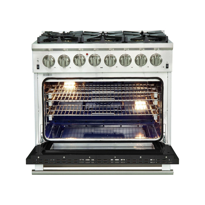 Forno 36-Inch Capriasca Dual Fuel Range with 6 Gas Burners and 240v Electric Oven in Stainless Steel with Black Door (FFSGS6187-36BLK)