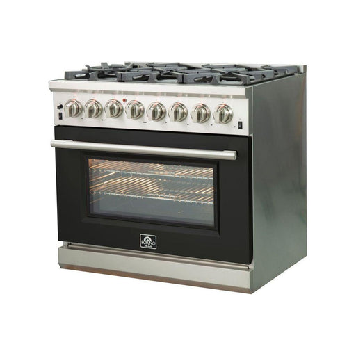 Forno 36-Inch Capriasca Dual Fuel Range with 6 Gas Burners and 240v Electric Oven in Stainless Steel with Black Door (FFSGS6187-36BLK)