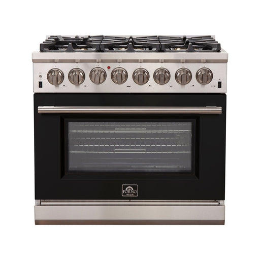 Forno 36-Inch Capriasca Dual Fuel Range with 6 Gas Burners and 240v Electric Oven in Stainless Steel with Black Door (FFSGS6187-36BLK)