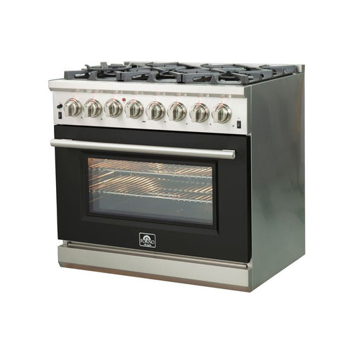 Forno Ranges Forno 36-Inch Capriasca Dual Fuel Range with 6 Gas Burners and 240v Electric Oven in Stainless Steel with Black Door (FFSGS6187-36BLK)