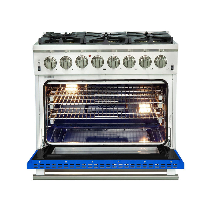 Forno Ranges Forno 36-Inch Capriasca Dual Fuel Range with 6 Gas Burners and 240v Electric Oven in Stainless Steel with Blue Door (FFSGS6187-36BLU)