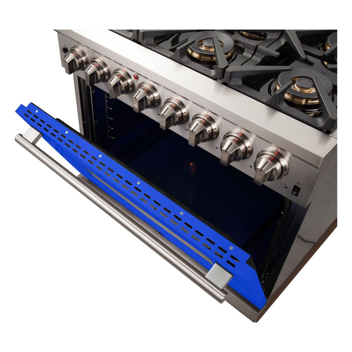 Forno Ranges Forno 36-Inch Capriasca Dual Fuel Range with 6 Gas Burners and 240v Electric Oven in Stainless Steel with Blue Door (FFSGS6187-36BLU)