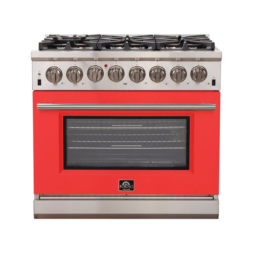 Forno Ranges Forno 36-Inch Capriasca Dual Fuel Range with 6 Gas Burners and 240v Electric Oven in Stainless Steel with Red Door (FFSGS6187-36RED)