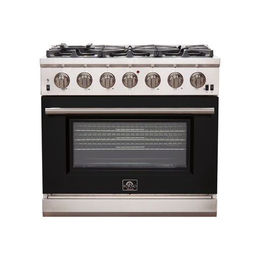 Forno 36-Inch Capriasca Gas Range with 6 Burners and Convection Oven in Stainless Steel with Black Door (FFSGS6260-36BLK)