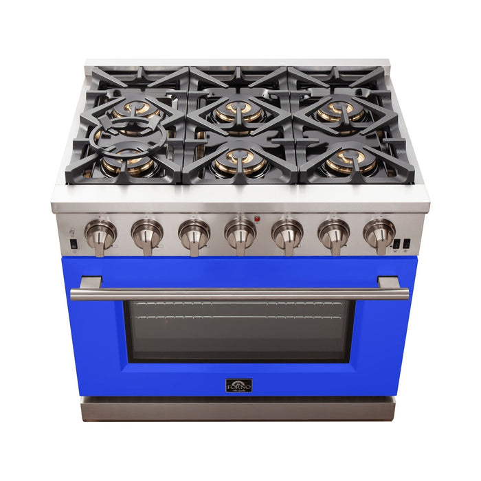 Forno Ranges Forno 36-Inch Capriasca Gas Range with 6 Burners and Convection Oven in Stainless Steel with Blue Door (FFSGS6260-36BLU)