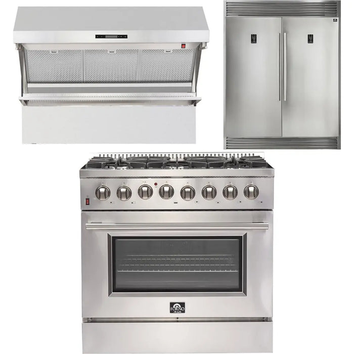 Forno 36 Inch Dual Fuel Range, Wall Mount Range Hood and 60 Inch Refrigerator Appliance Package