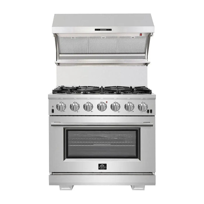 Forno 36 Inch Dual Fuel Range, Wall Mount Range Hood and Dishwasher Appliance Package