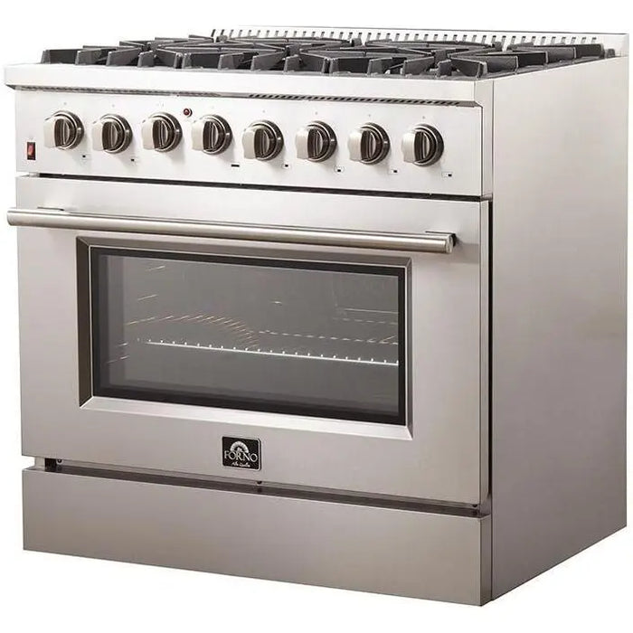 Forno 36 Inch Dual Fuel Range, Wall Mount Range Hood and Dishwasher Appliance Package