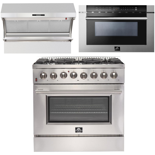 Forno Kitchen Appliance Packages Forno 36 Inch Dual Fuel Range, Wall Mount Range Hood and Microwave Drawer Appliance Package