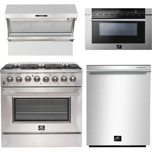 Forno 36 Inch Dual Fuel Range, Wall Mount Range Hood, Microwave Drawer and Dishwasher Appliance Package