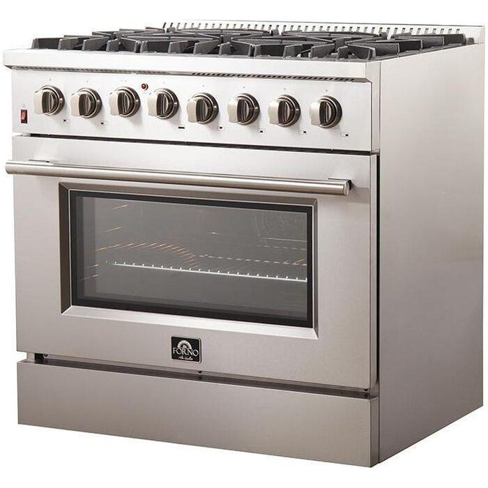 Forno 36 Inch Dual Fuel Range, Wall Mount Range Hood, Refrigerator, Microwave Drawer and Dishwasher Appliance Package