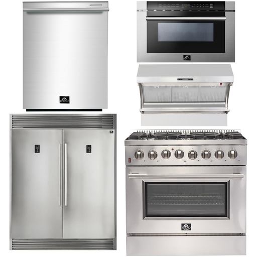 Forno Kitchen Appliance Packages Forno 36 Inch Dual Fuel Range, Wall Mount Range Hood, Refrigerator, Microwave Drawer and Dishwasher Appliance Package