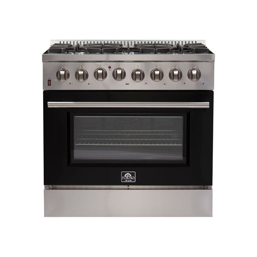 Forno 36-Inch Galiano Dual Fuel Range with 6 Gas Burners and 240v Electric Oven in Stainless Steel with Black Door (FFSGS6156-36BLK)