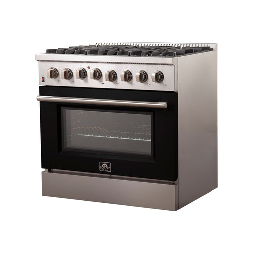 Forno 36-Inch Galiano Dual Fuel Range with 6 Gas Burners and 240v Electric Oven in Stainless Steel with Black Door (FFSGS6156-36BLK)