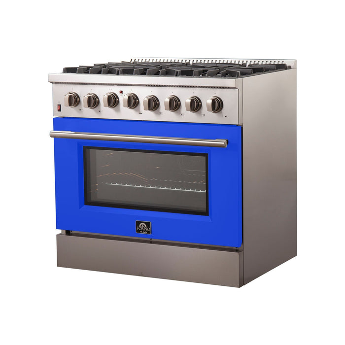 Forno Ranges Forno 36-Inch Galiano Dual Fuel Range with 6 Gas Burners and 240v Electric Oven in Stainless Steel with Blue Door (FFSGS6156-36BLU)