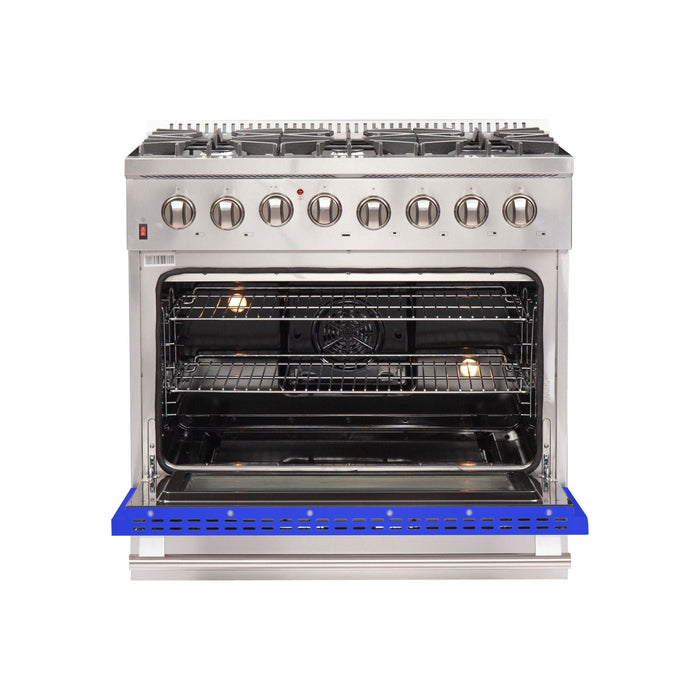 Forno Ranges Forno 36-Inch Galiano Dual Fuel Range with 6 Gas Burners and 240v Electric Oven in Stainless Steel with Blue Door (FFSGS6156-36BLU)