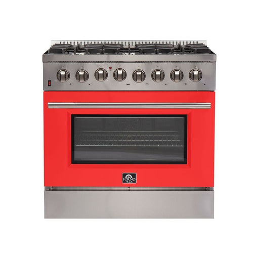 Forno Ranges Forno 36-Inch Galiano Dual Fuel Range with 6 Gas Burners and 240v Electric Oven in Stainless Steel with Red Door (FFSGS6156-36RED)