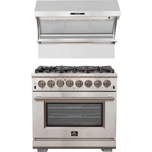 Forno 36 Inch Gas Burner/Electric Oven Pro Range and Wall Mount Range Hood Appliance Package