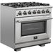 Forno 36 Inch Gas Burner/Electric Oven Pro Range, Range Hood, Refrigerator, Microwave Drawer, Dishwasher and Wine Cooler Appliance Package