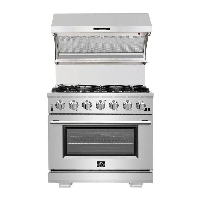 Forno 36 Inch Gas Burner/Electric Oven Pro Range, Wall Mount Range Hood and Dishwasher Appliance Package