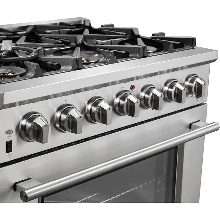 Forno 36 Inch Gas Burner/Electric Oven Pro Range, Wall Mount Range Hood and Dishwasher Appliance Package