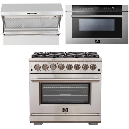 Forno Kitchen Appliance Packages Forno 36 Inch Gas Burner/Electric Oven Pro Range, Wall Mount Range Hood and Microwave Drawer Appliance Package