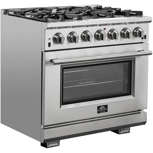 Forno Kitchen Appliance Packages Forno 36 Inch Gas Burner/Electric Oven Pro Range, Wall Mount Range Hood, Microwave Drawer and Dishwasher Appliance Package